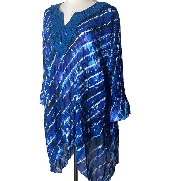 Catherines Blue High Low Tie Die Crochet Top Womens 2XP Boho Comfy Flowy Gauzy - Picture 2 of 5